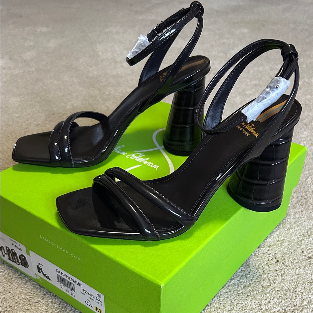 NWT-Sam Edelman Sandals Black Heels Chunky Block Patent Kia Women 6.5 Square Toe - Picture 4 of 7